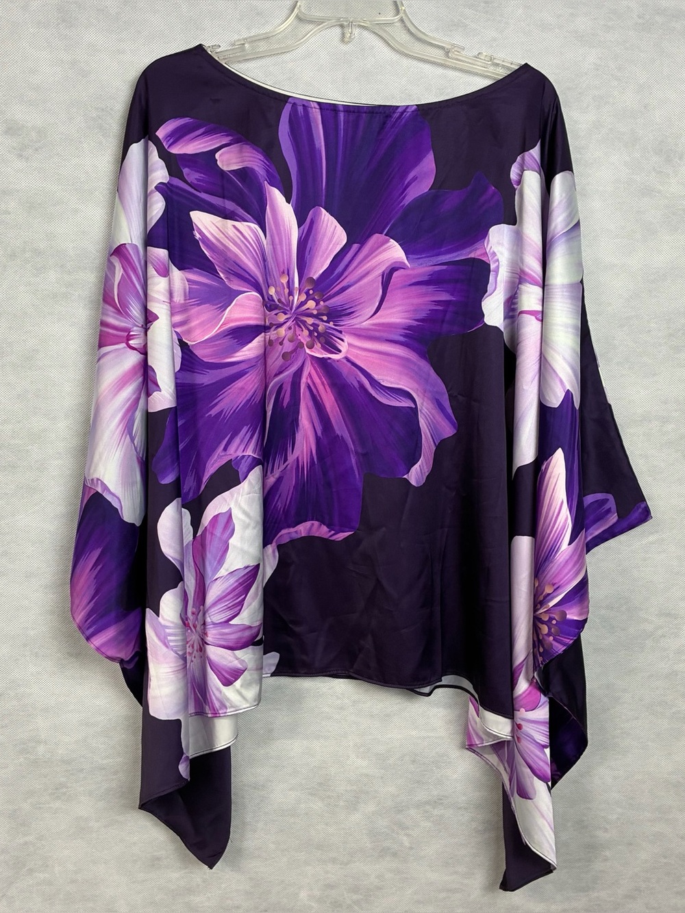Boston Proper L/Xl Blouse Poncho Silky Purple White Floral Print Pullover